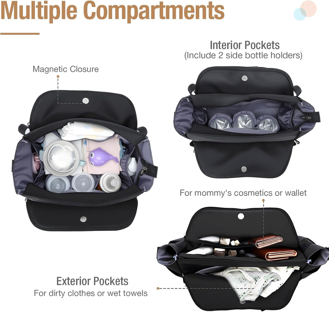 Lekebaby Baby Wickeltasche Bote gross mit Wickelunterlage für Reise Schwarz Gesteppt Schwarz Gestepp