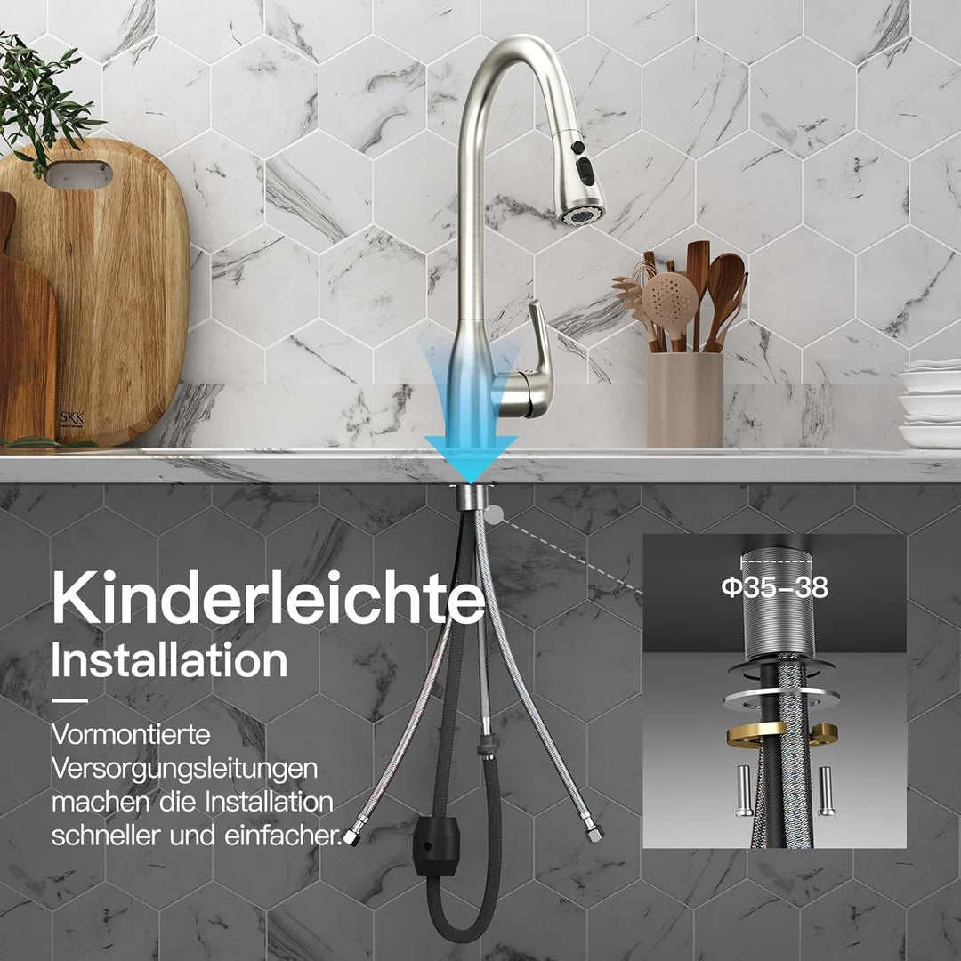 Rainsworth Schwarz Wasserhahn Küche mit Brause Ausziehbar - Hochdruck Küchenarmatur mit Zwei Wassers