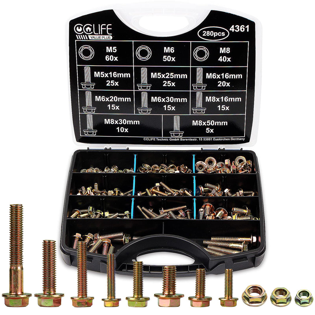 CCLIFE 280tlg Flansch Schrauben DIN 6921 und Muttern DIN 6923 Set Sechskantschrauben Vollgewinde Sor