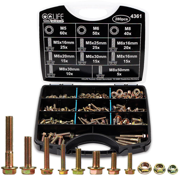 CCLIFE 280tlg Flansch Schrauben DIN 6921 und Muttern DIN 6923 Set Sechskantschrauben Vollgewinde Sor