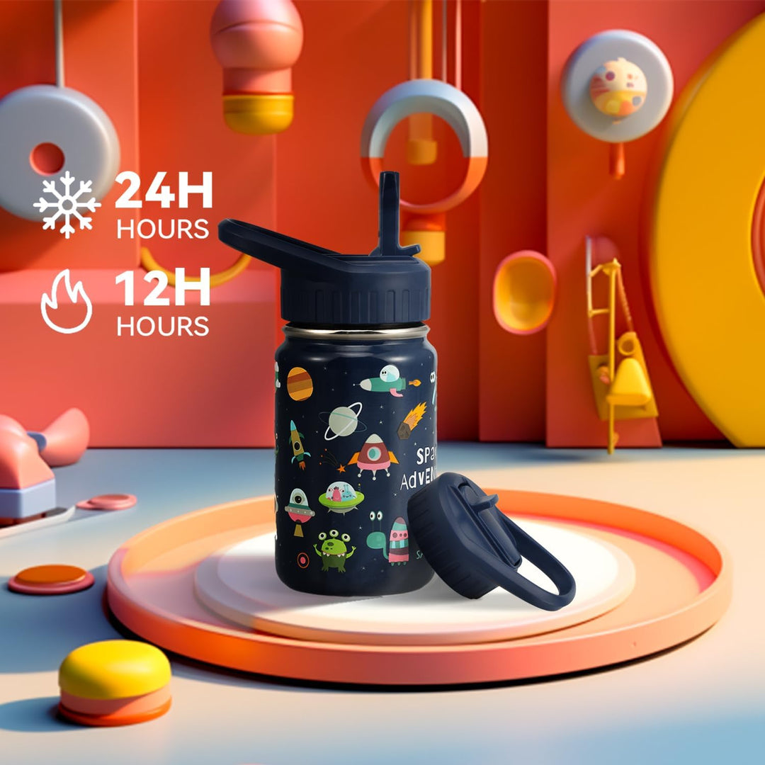 SANTECO Trinkflasche Kinder Edelstahl 350ml mit Strohhalm Auslaufsicher - Kinder Thermosflasche BPA-