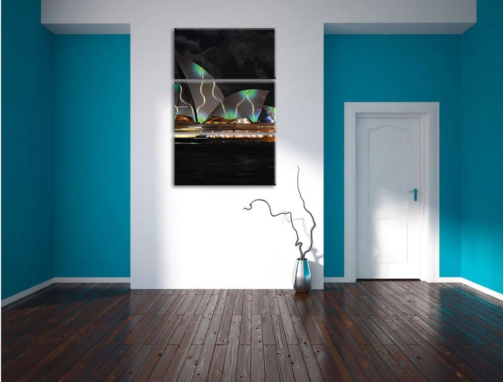 Pixxprint Sydney Opera House grüne Beleuchtung 3-Teiler Leinwandbild 120x80 Bild auf Leinwand