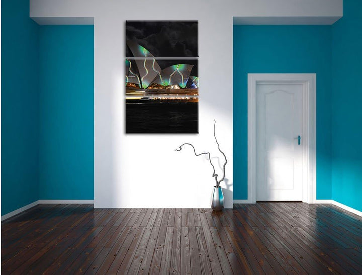 Pixxprint Sydney Opera House grüne Beleuchtung 3-Teiler Leinwandbild 120x80 Bild auf Leinwand