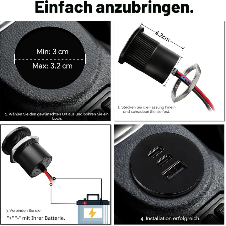 acegoo USB C Steckdose 12V Aluminium, Dual Typ C PD 20W &amp; QC 18W | KFZ 12 Volt Buchse Dose Einbau Ad