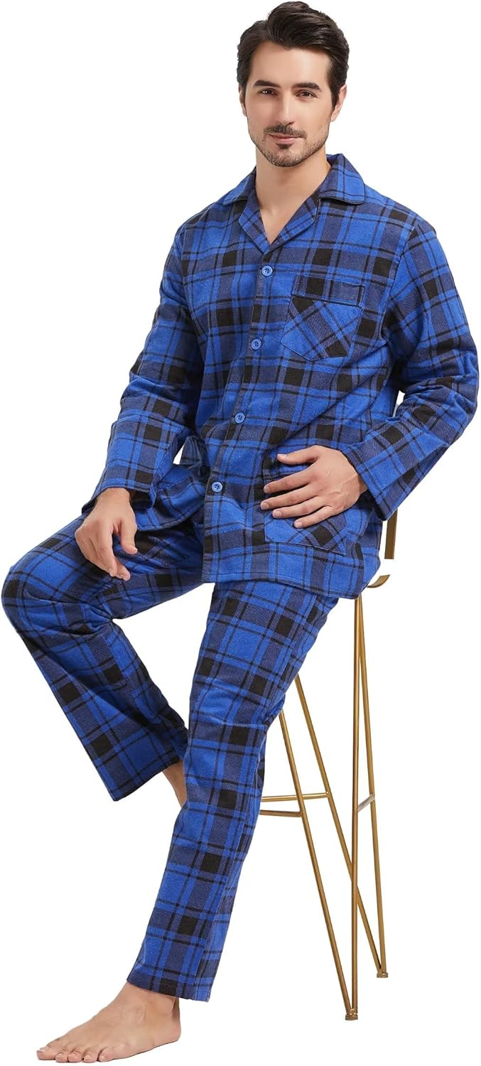 Amaxer Flanell Schlafanzug Herren 100% Baumwolle Pyjama mit Knopfleiste Set Lang Warmer Winter Schla