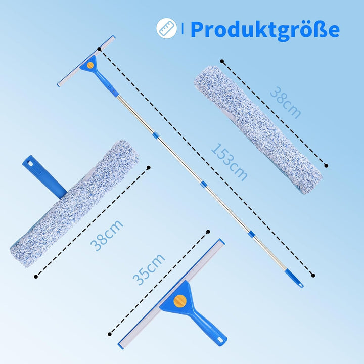 1,5m Fensterreiniger mit Langem Griff, 35cm Fensterabzieher und 38cm Fensterwischer als Kombi-Set, P