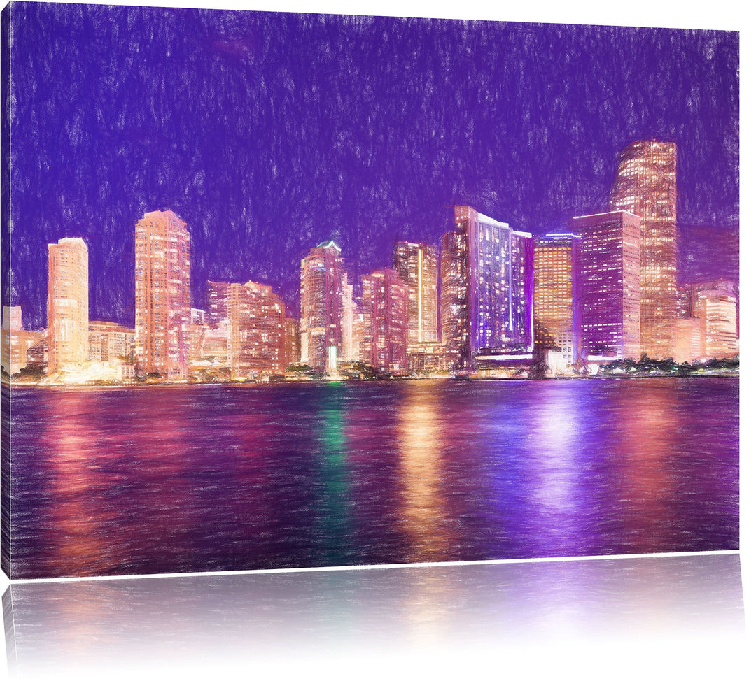 Pixxprint Skyline von Miami Florida als Leinwandbild/Grösse: 100x70 cm/Wandbild/Kunstdruck/fertig be