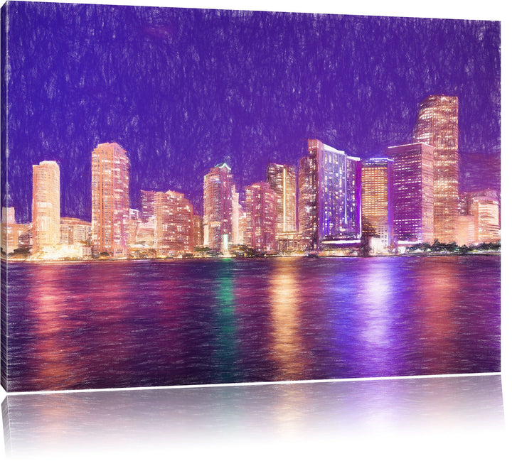 Pixxprint Skyline von Miami Florida als Leinwandbild/Grösse: 100x70 cm/Wandbild/Kunstdruck/fertig be