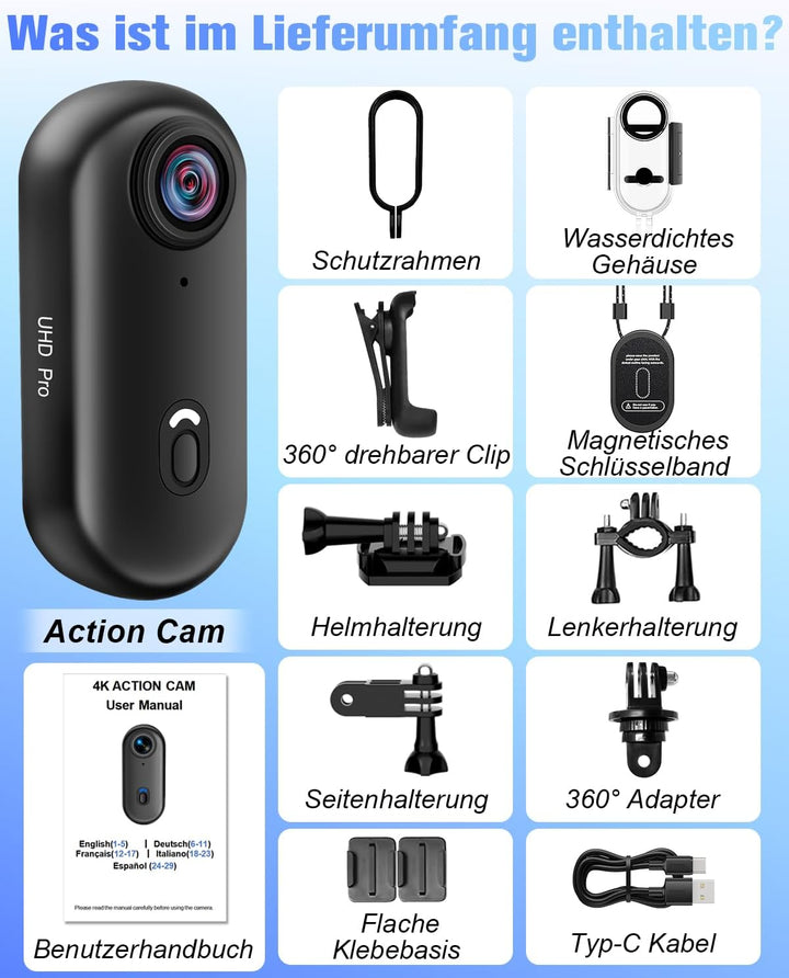 Action Cam 4K, Sportkamera WLAN 120° 1080P HD, Mini Action Kamera WiFi Fahrrad Motorrad Helmkamera,