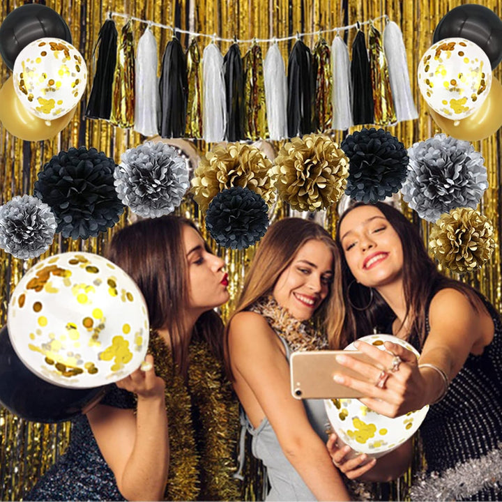 Party Dekoration Set, 57 Stück Schwarz Gold Party Deko, Luftballons, DIY Party Papier Pompoms Blumen