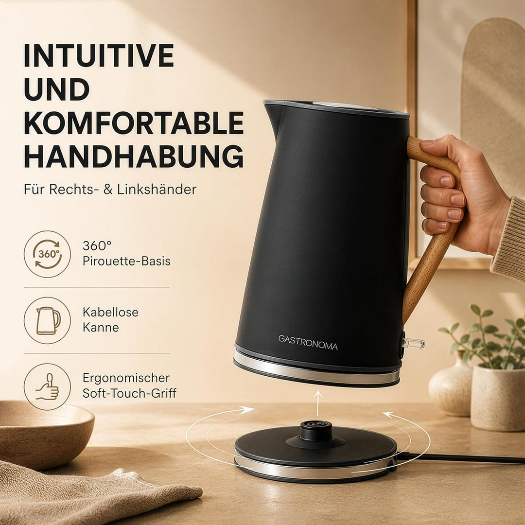 Gastronoma Wasserkocher Edelstahl 1,7 L - Kettle mit Kalkfilter - Schwarz | 2200 W - 360° Pirouetteb