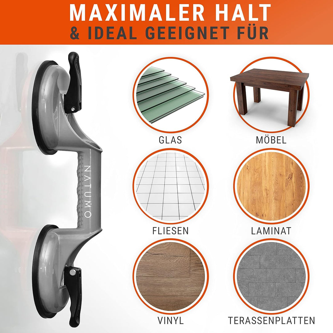 NATUMO® Saugheber [2er Set] - Glassauger mit 100kg Tragkraft - Vakuumheber mit ergonomischen & rutsc