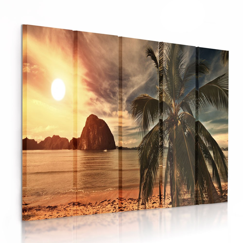 Feeby Frames, Leinwandbild Bilder Wand Bild - 5 Teile - Wandbilder Kunstdruck (PALME, SONNENUNTERGAN
