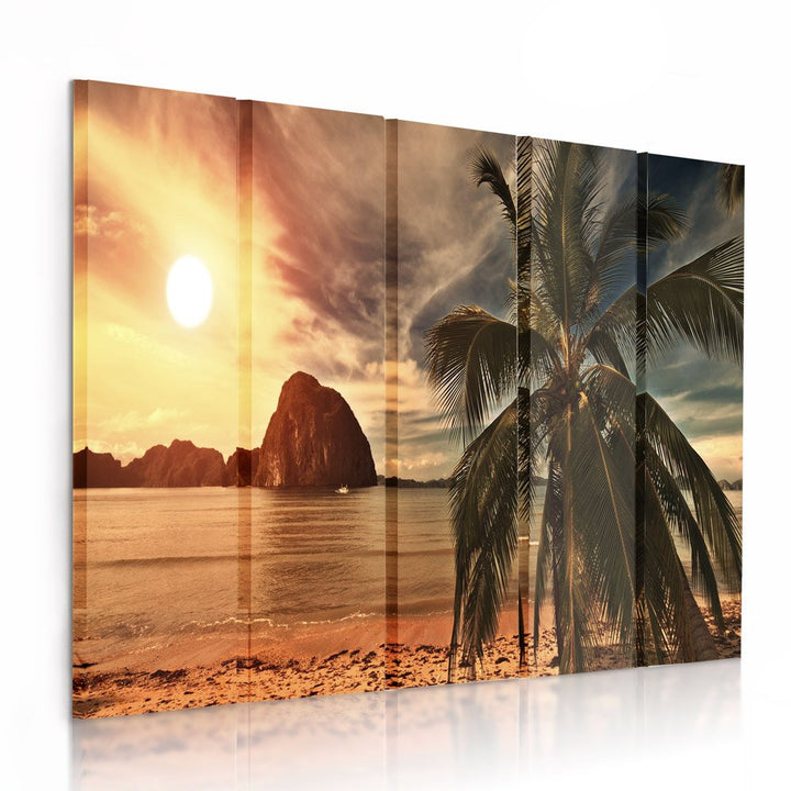 Feeby Frames, Leinwandbild Bilder Wand Bild - 5 Teile - Wandbilder Kunstdruck (PALME, SONNENUNTERGAN