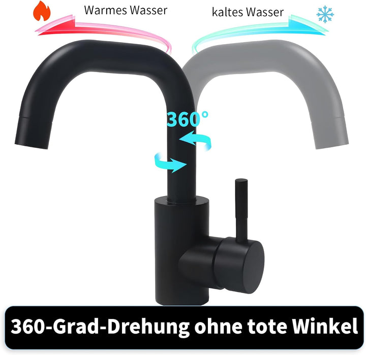 Schwarz Wasserhahn Küche - Wasserhahn Bad, 360°Drehbar Waschbecken, Edelstahl Waschtischarmatur, Auf
