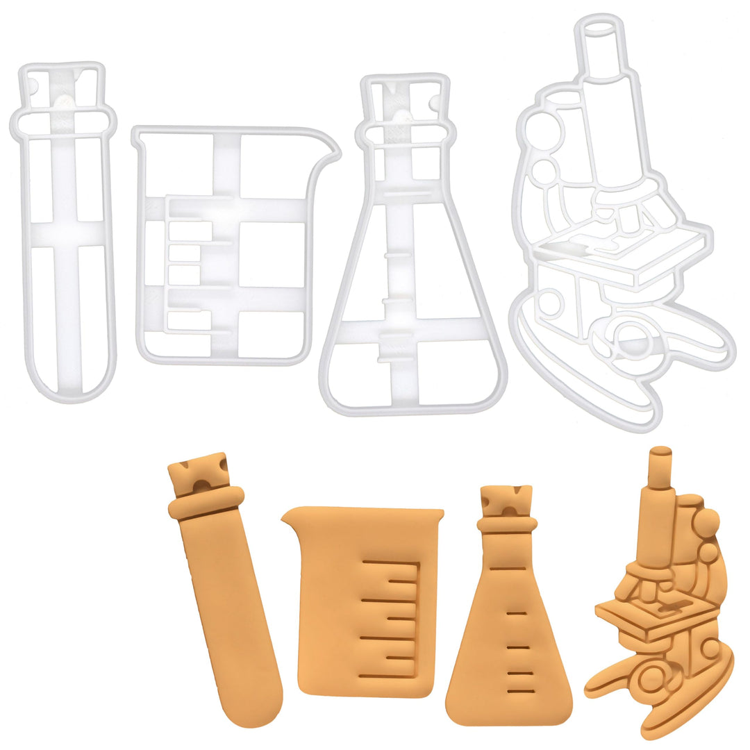 4er Set Laborausstattung Ausstechformen (Formen: Becherglas, Mikroskop, Reagenzglas und Erlenmeyerko