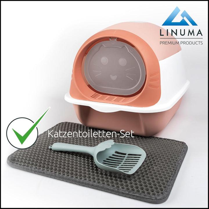 LINUMA® Pink Katzenklo mit Schaufel und Streumatte geschlossen und offen, Litter Box, Katzentoilette