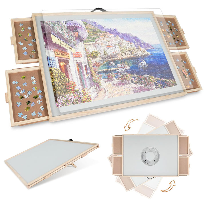2-in-1 Kipp- und Drehpuzzle-Brett als Geschenk für Erwachsene – Holz-Puzzle-Tisch mit 4 Schubladen (