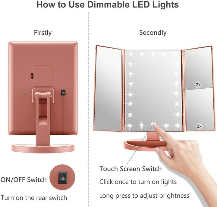 Schminkspiegel mit Beleuchtung, Faltbarer Kosmetikspiegel mit 3X/2X/1X Vergrösserung, 21 natürliche
