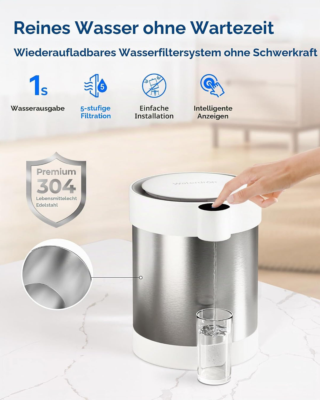 Waterdrop Sofortiges Nicht-Schwerkraft-Wasserfiltersystem, 21-Tassen-Edelstahl-Arbeitsplatten-Wasser