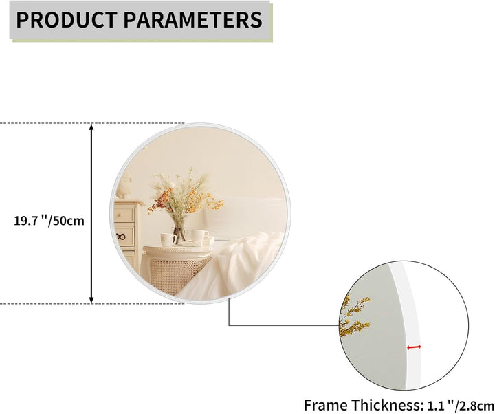 Wandspiegel 50cm mit weissem Rahmen, moderner runder Hängespiegel für Badezimmer Schlafzimmer Wohnzi