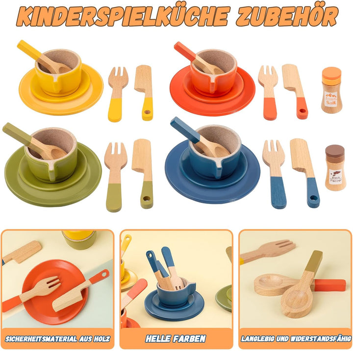 GAGAKU Geschirrset aus Holz Kinder Kinderküchen Spielküche Zubehör Küchenzubehör Kinder Holz 1_helle
