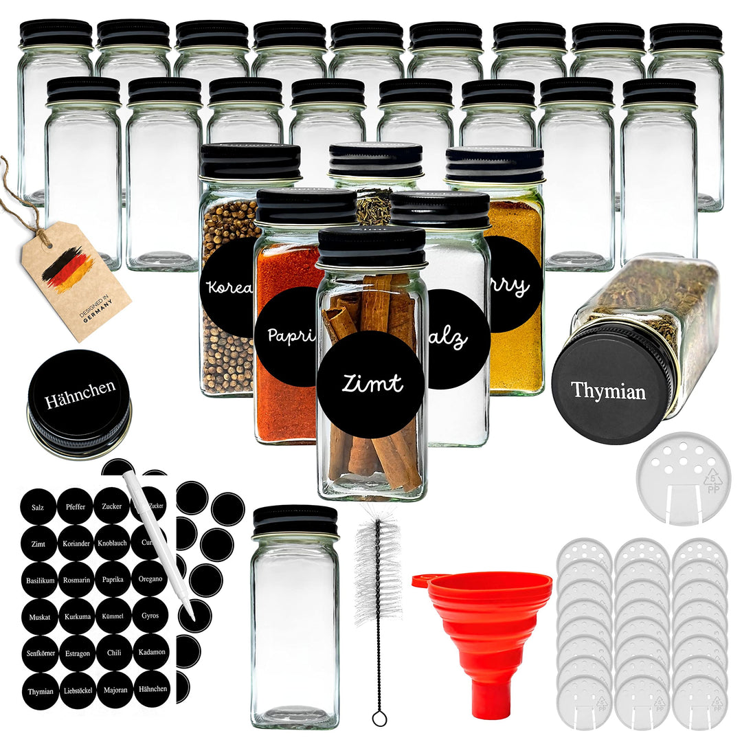 Gewürzgläser Set Eckig 24 Stück inkl. Gewürzetiketten | Organizer zur Aufbewahrung Küche - Glas mit