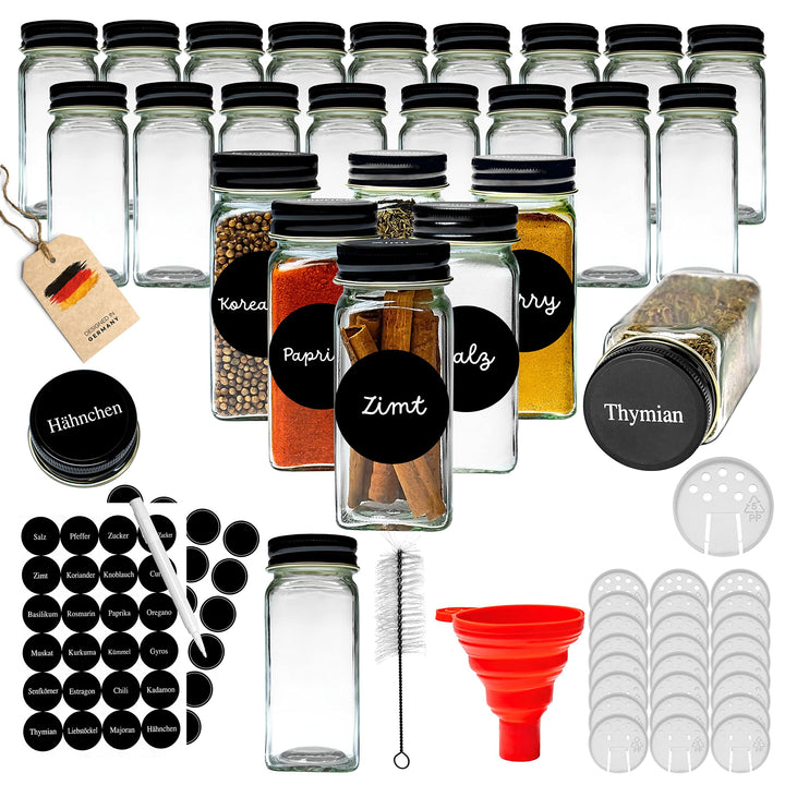 Gewürzgläser Set Eckig 24 Stück inkl. Gewürzetiketten | Organizer zur Aufbewahrung Küche - Glas mit