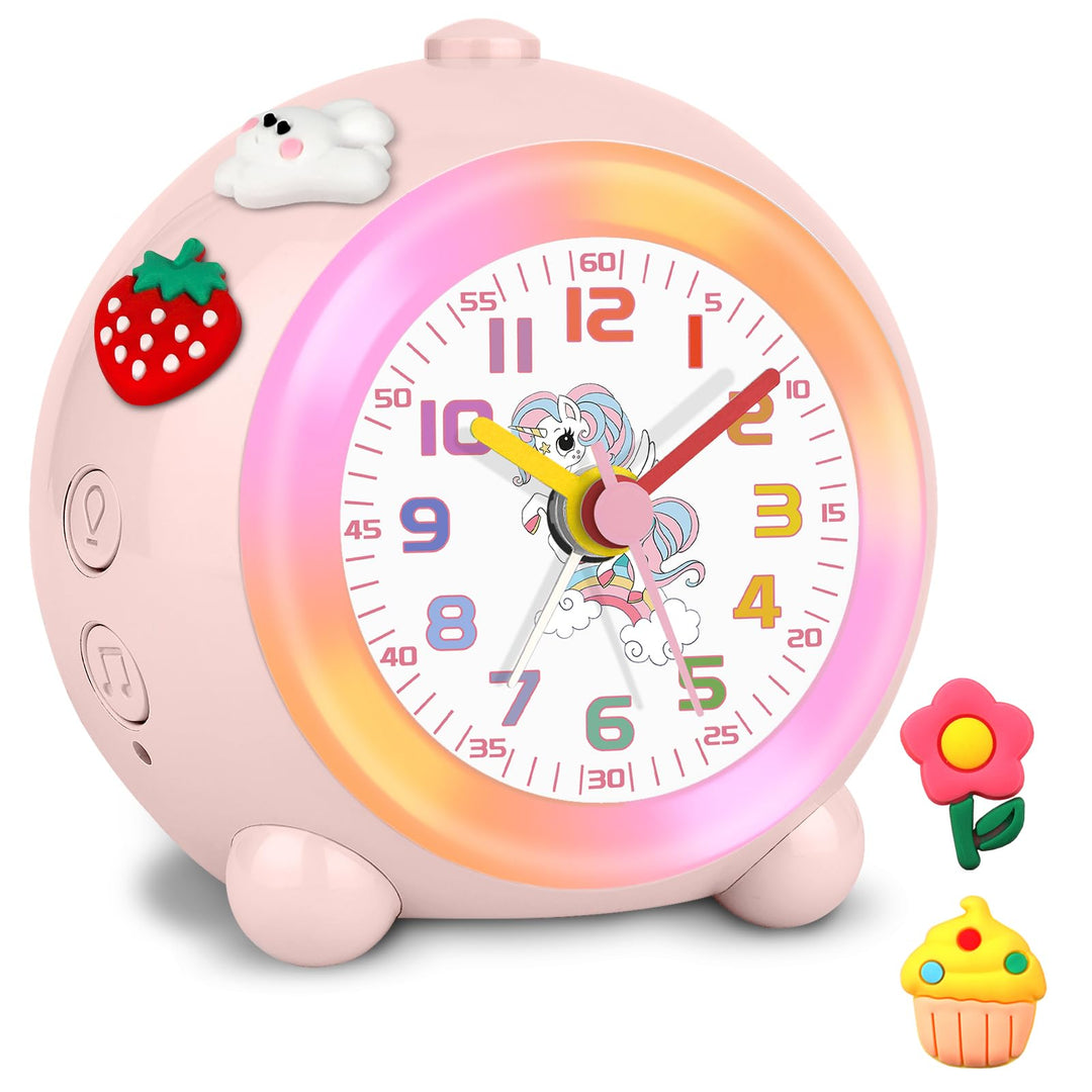 SOCICO Analoger Kinder Wecker Mädchen, Einhorn Design, Lautlos, Ohne Ticken Niedlicher Pfirsich Weck