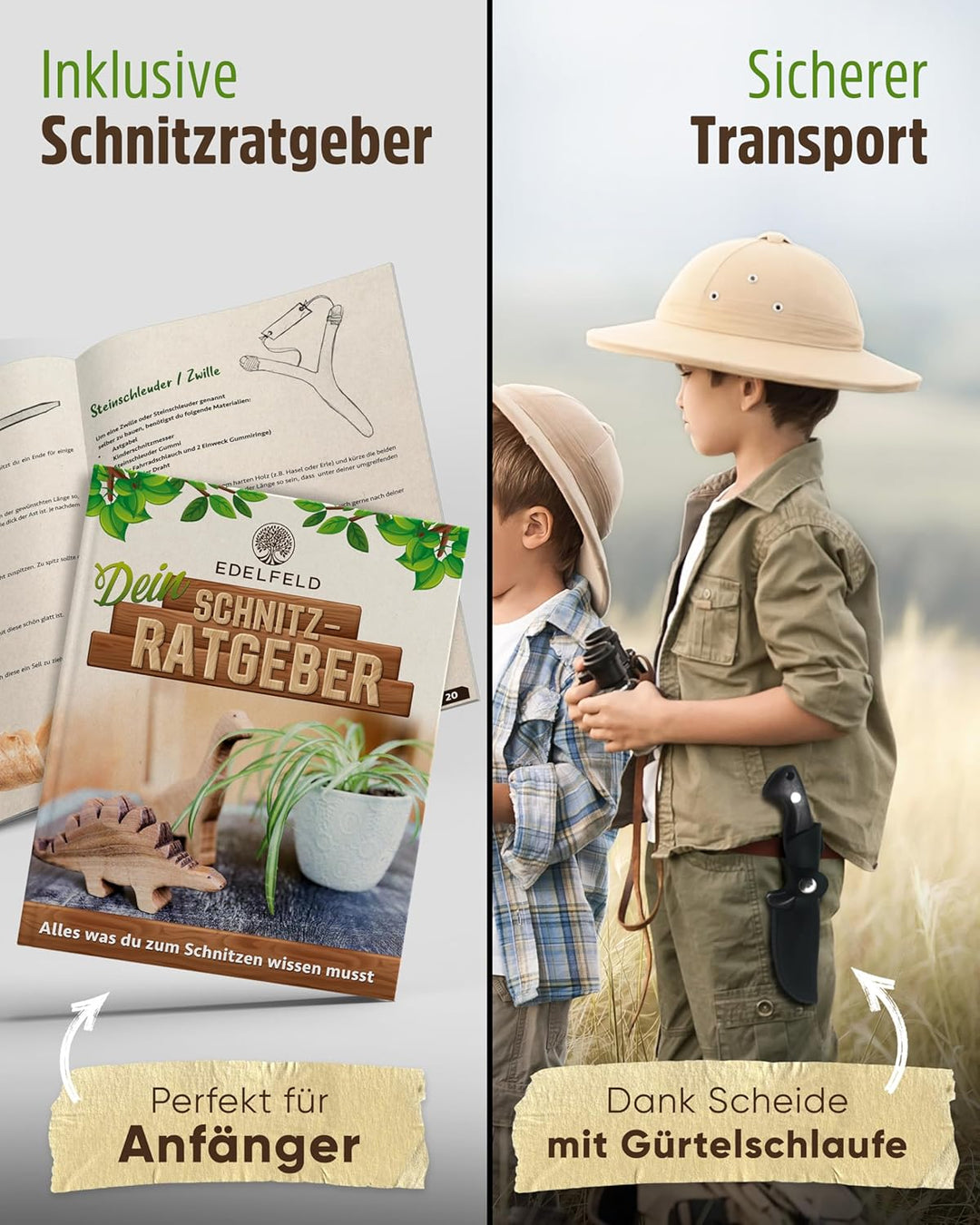 EDELFELD - Das Original - Schnitzmesser Kinder ab 6 Jahre - Sicheres Taschenmesser Kinder mit Finger