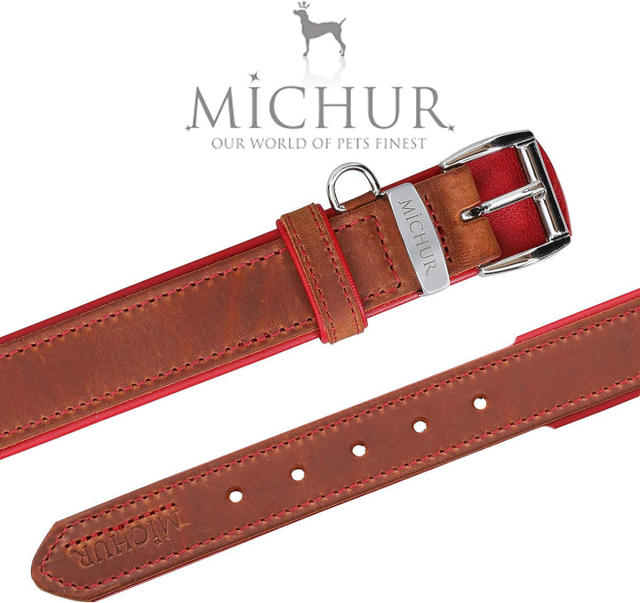 MICHUR Charly Hundehalsband Leder Braun Rot, Lederhalsband Hund, Halsband, Leder, in verschiedenen G