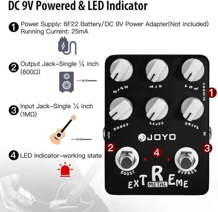JOYO Metal Distortion Pedal mit 3-Band-EQ und Low-Mid-High Gain Boost für E-Gitarren-Effekt – Bypass