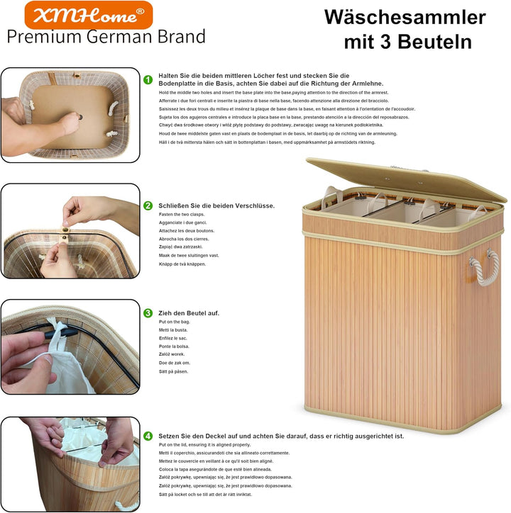 AdelDream Wäschekorb 150L Bambusoptik mit Deckel & Griffen, 3-Fach Wäschesammler Faltbar, Wäschebox