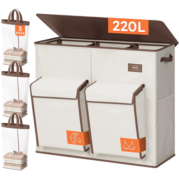 SOLEDI 220L Wäschekorb mit Deckel, Wäschesammler 3 Fächer mit 2 Seitentaschen, Laundr Baskets mit 3