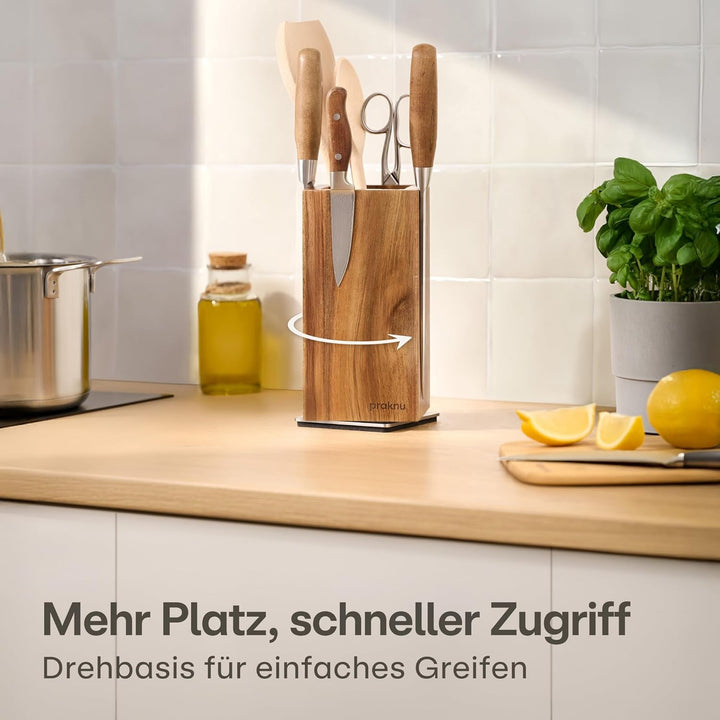 Praknu Messerblock Magnetisch 360° drehbar ohne Messer – FSC® Akazienholz mit Platz für Küchenutensi