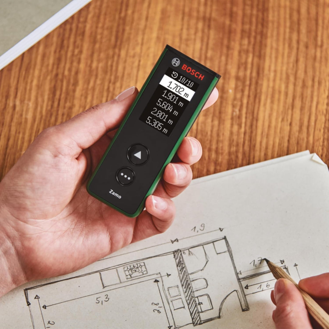 Bosch Zamo Laser‑Entfernungsmesser Set, 40 m Reichweite, USB‑C, speichert 10 Werte, inkl. Linien‑/Ra