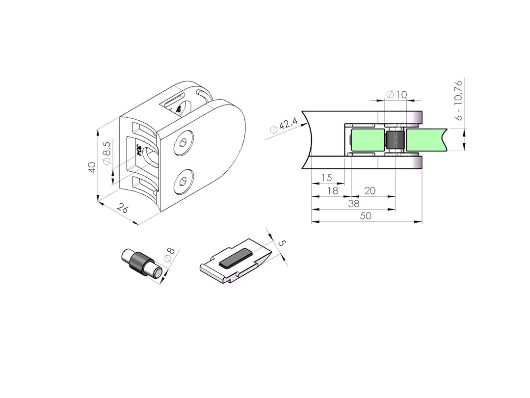Sellon24® Glasklemme 4 Stück Glashalter Edelstahl 42,4/ flach inkl. Gummieinlage Glas 6,00-10,76mm M