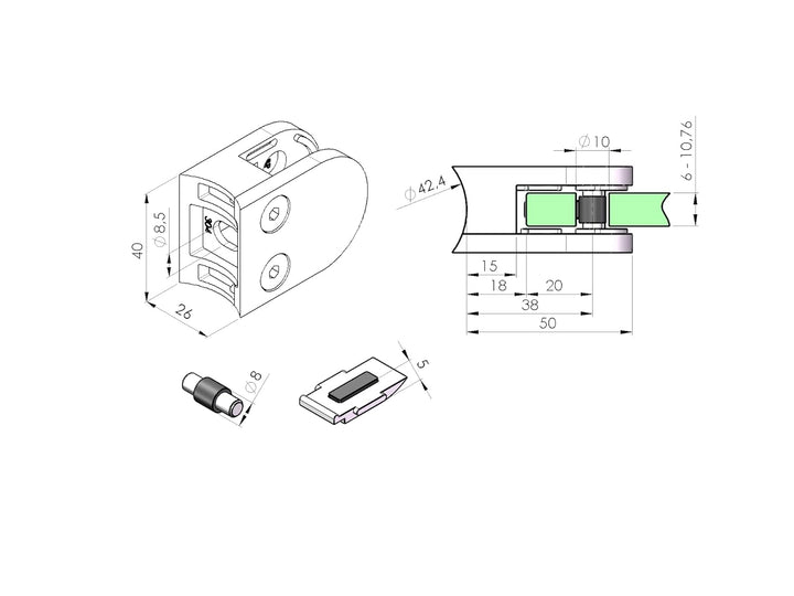 Sellon24® Glasklemme 4 Stück Glashalter Edelstahl 42,4/ flach inkl. Gummieinlage Glas 6,00-10,76mm M