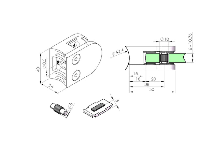 Sellon24® Glasklemme 4 Stück Glashalter Edelstahl 42,4/ flach inkl. Gummieinlage Glas 6,00-10,76mm M