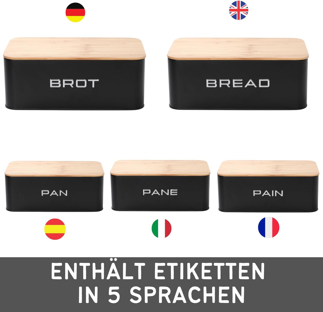 Brotkästen Metall mit Bambusdeckel – Moderne Brotbox Küche – Brot aufbewahren Inkl. Baumwollbeutel –