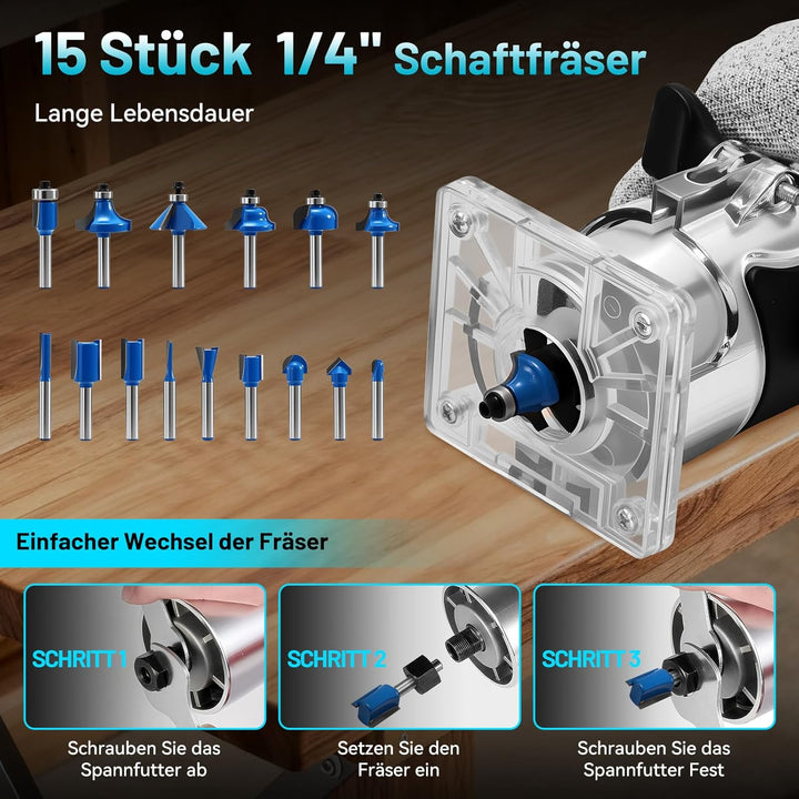 Oberfräse Kantenfräse Einhandfräse, 800W 30000 U/min Elektrischer Holzfräser Trimmer, Multifunktions