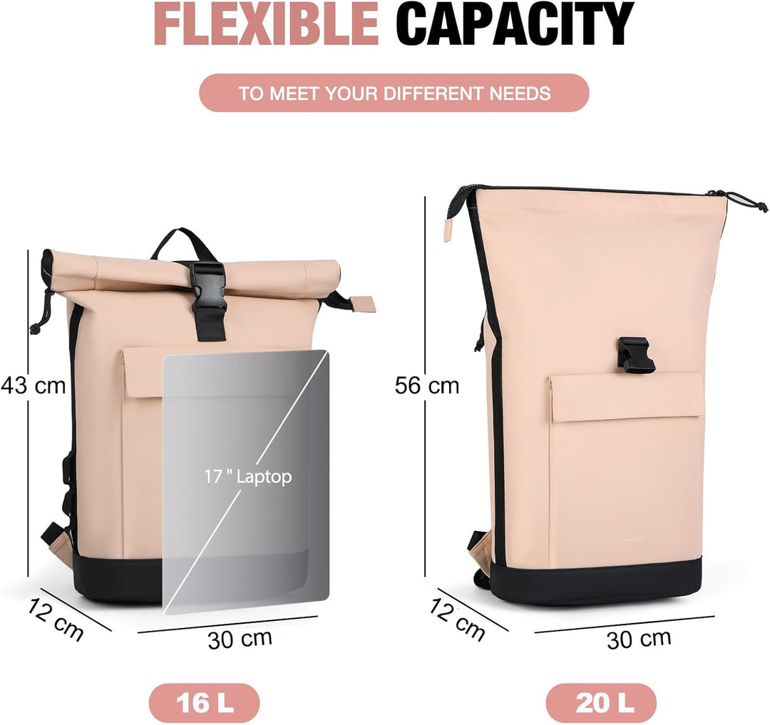 Rolltop Rucksack Damen & Herren, Elegant Laptop Rucksack Wasserdicht mit 17 Zoll Laptopfach, Grosser