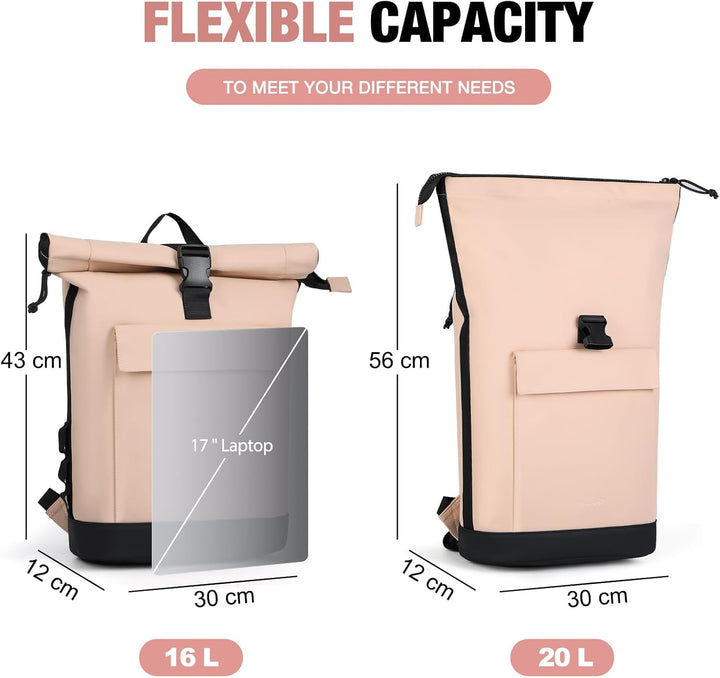 Rolltop Rucksack Damen & Herren, Elegant Laptop Rucksack Wasserdicht mit 17 Zoll Laptopfach, Grosser