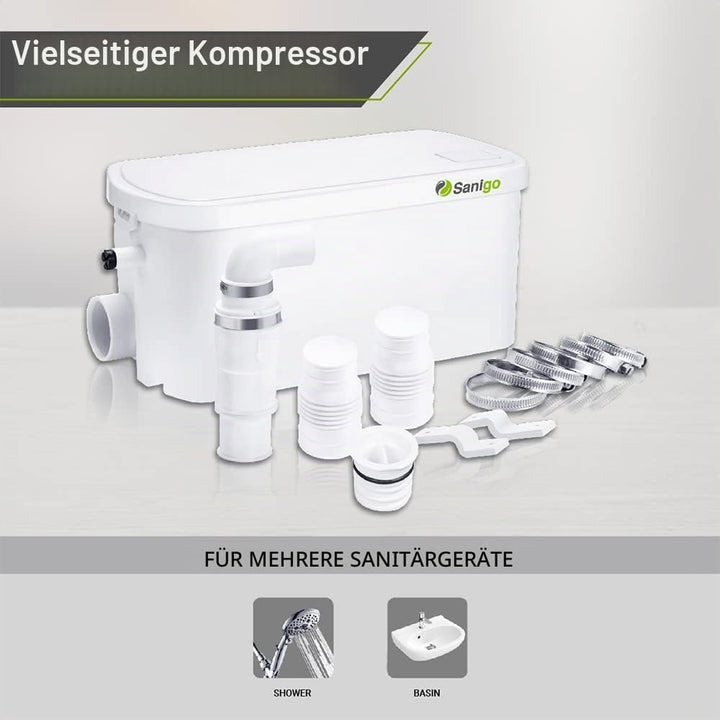 Sanigo SANI-S250C Sanitärzerkleinerer, leiser Abfallpumpe, Hebepumpe, Dusche mit zwei Eingängen, Kup