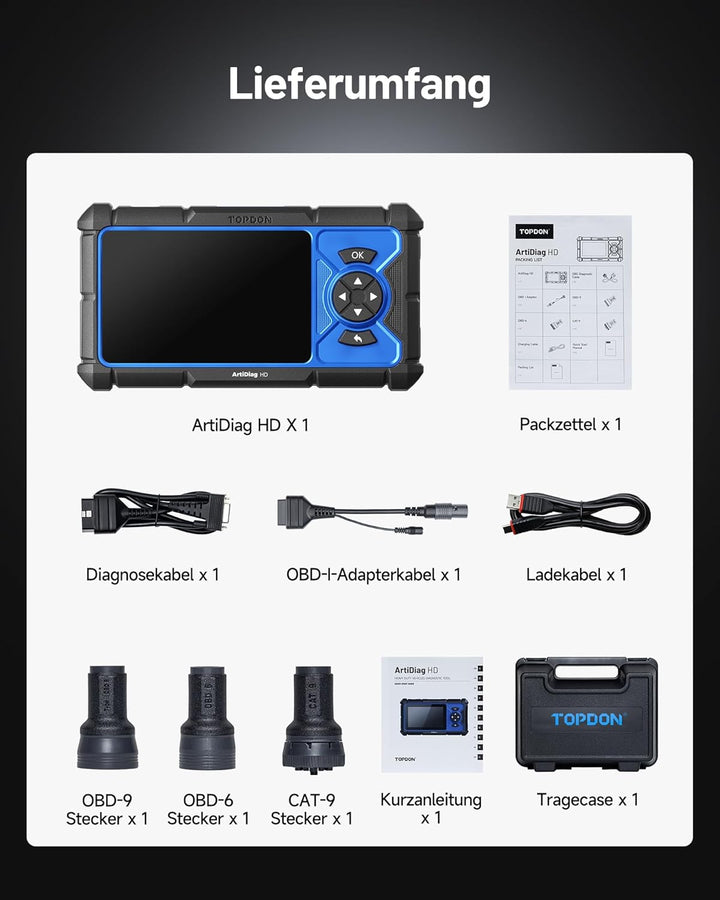 TOPDON ArtiDiag HD LKW Diagnosegerät, Professionelles LKW Scanner für Schwerlastfahrzeuge, 10 Rückst