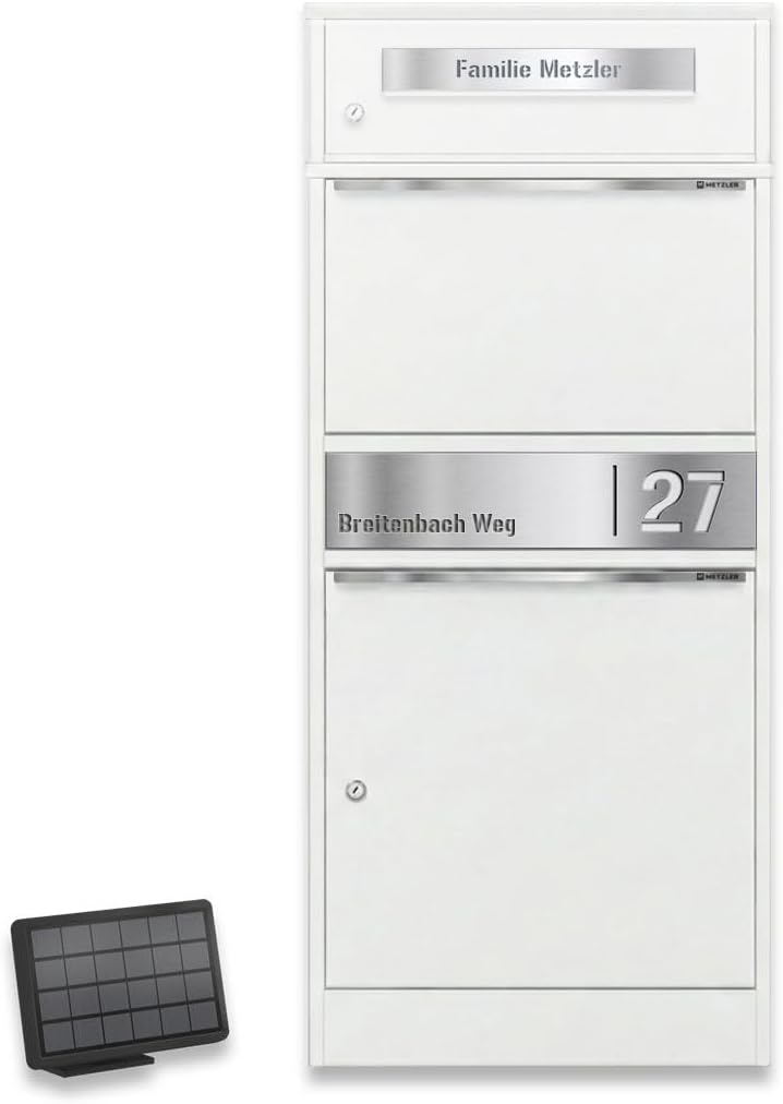 Metzler Paketbriefkasten mit LED-Beleuchtung und Namensgravur, solarbetrieben und abschliessbar, Wei