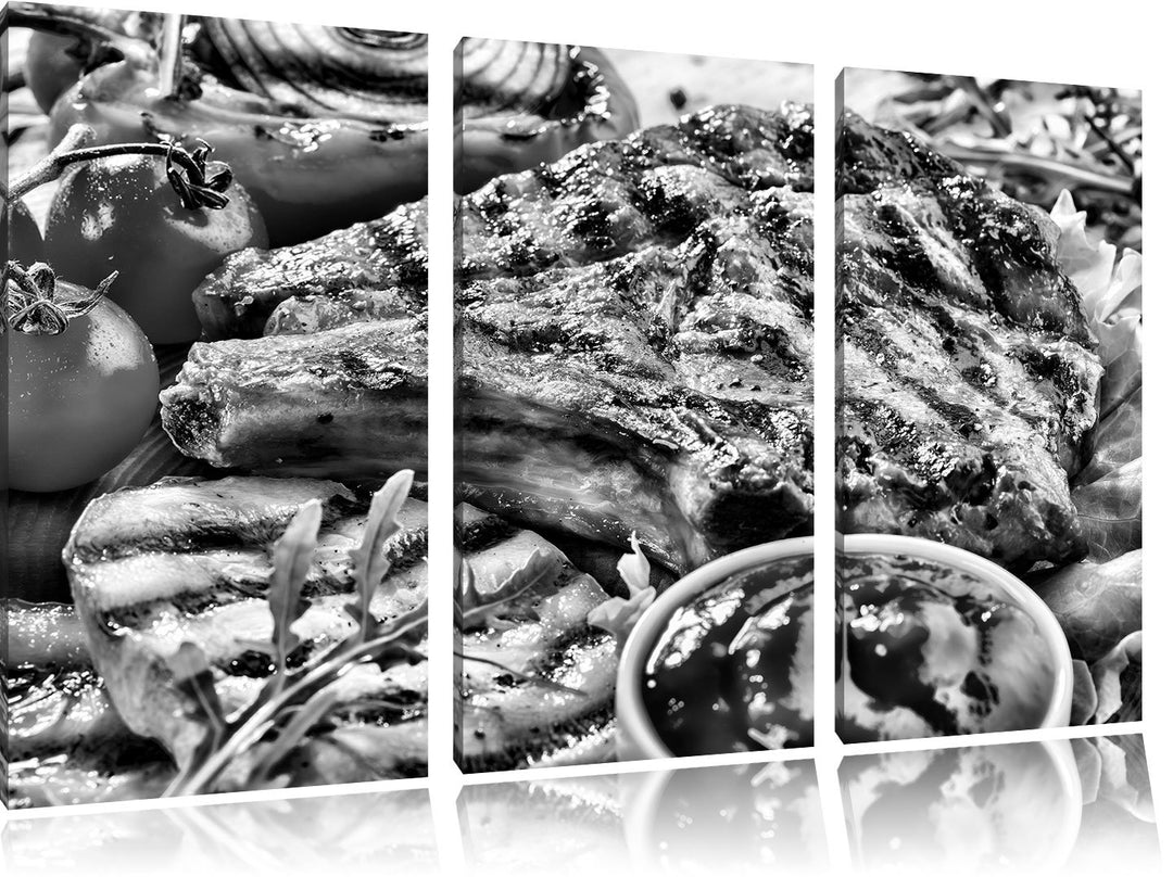 Pixxprint Gegrilltes Steak als Leinwandbild/Grösse: 3 Teilig (120x80) / Wandbild/Kunstdruck/fertig b
