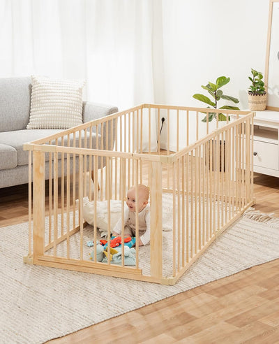 dibea Laufgitter für Baby & Kleinkind, nachhaltiger Laufstall aus hellem Fichtenholz mit Tür, 6 Elem