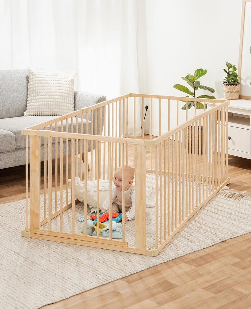 dibea Laufgitter für Baby & Kleinkind, nachhaltiger Laufstall aus hellem Fichtenholz mit Tür, 6 Elem