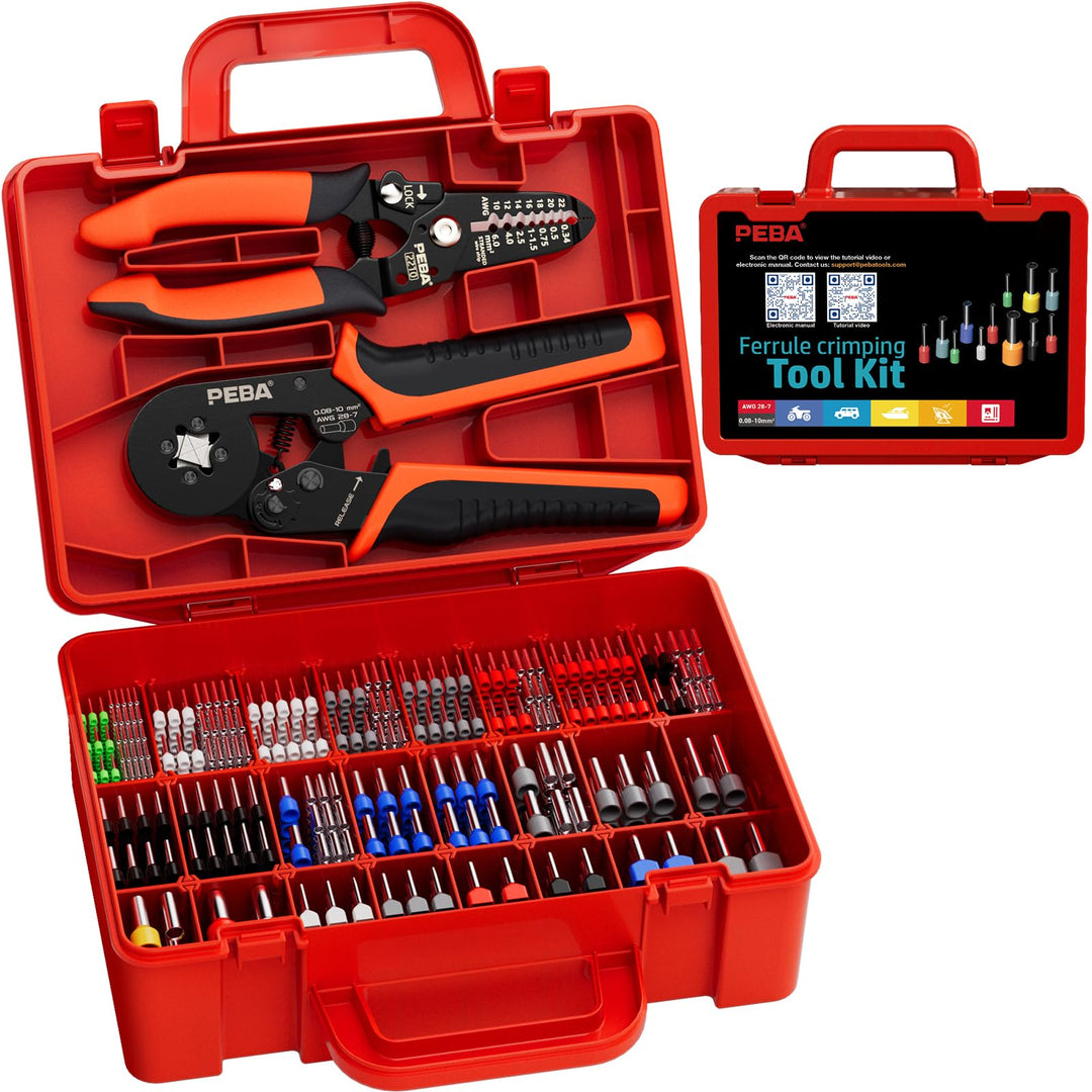 PEBA Vierkant Crimpzange Set mit Abisolierzange, 33 Grössen Aderendhülsen inkl. Twin, 0,25–10 mm², R